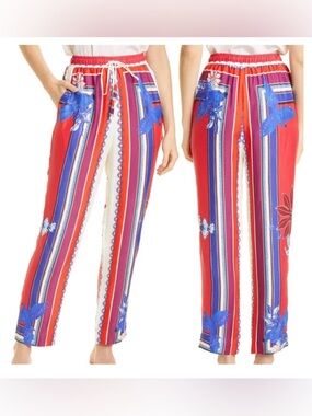 FARM Rio Red Striped Floral & Macaw Cropped Pants